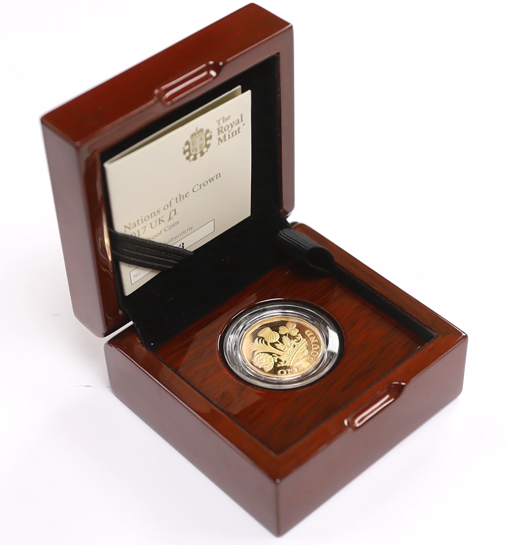 British gold coins - UK Royal Mint Nations of the Crown £1 gold proof coin, 2017, in case of issue, certificate 1713 Limited edition of 2017